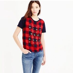 J. Crew Tartan Plaid, Check Embellished Beaded Tee, Small
